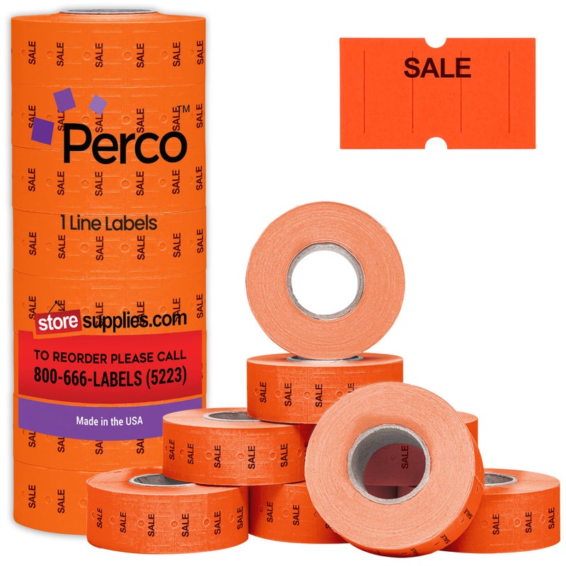 Perco 1 Line Fluorescent Red Sale Labels - 8 Rolls, 1 Sleeve, 8,000 Blank Price and Date Gun Labels for Perco 1 Line Price and Date Guns - Made in USA - Image 1